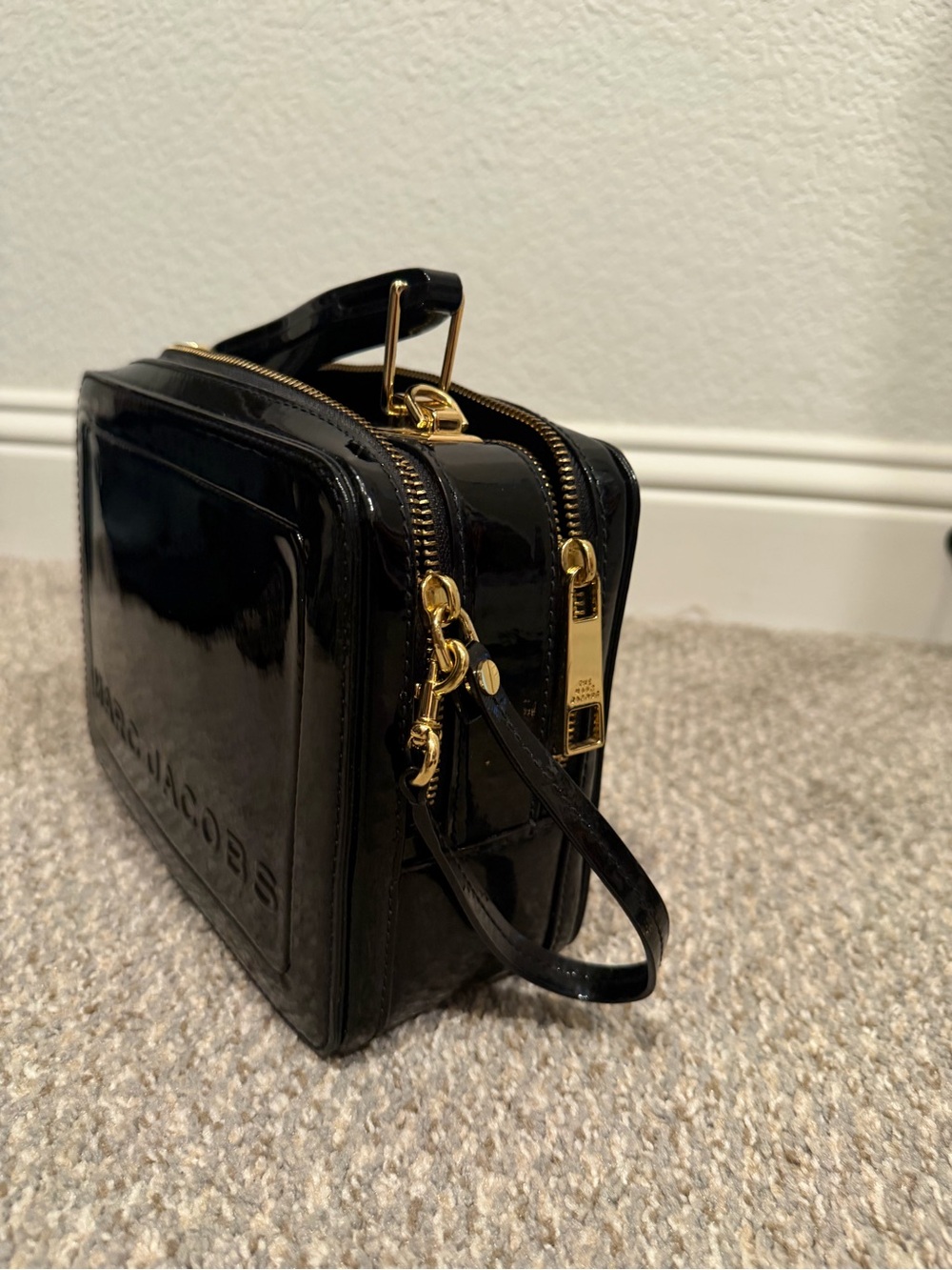 Marc Jacobs Black Patent Leather Double-Compartment Crossbody with Gold Hardware